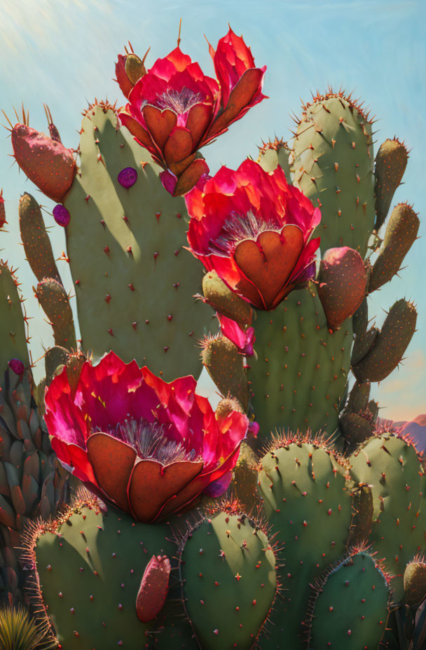 Vibrant red blossoms on green cactus pads under clear blue sky