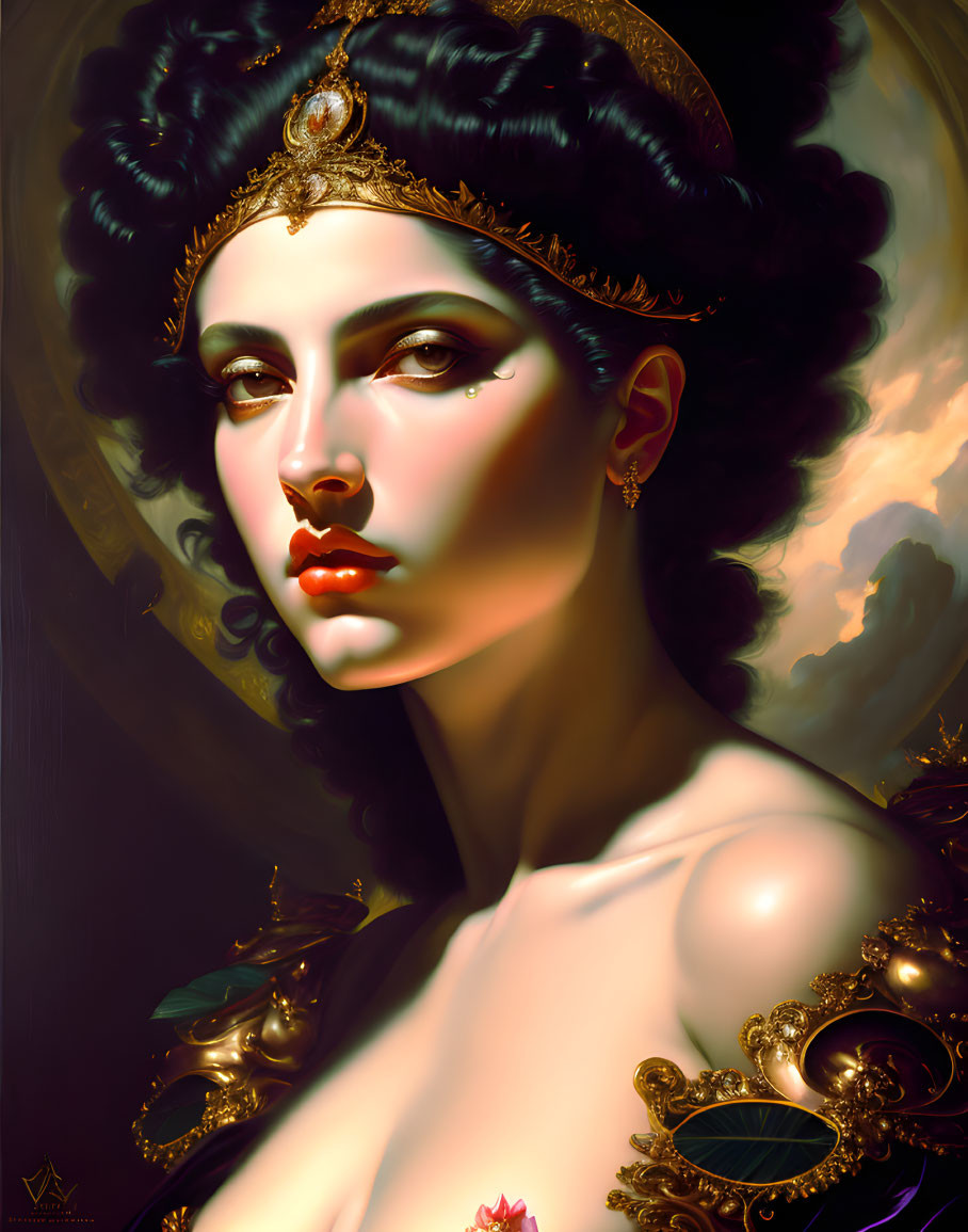 Regal woman with golden tiara in digital portrait