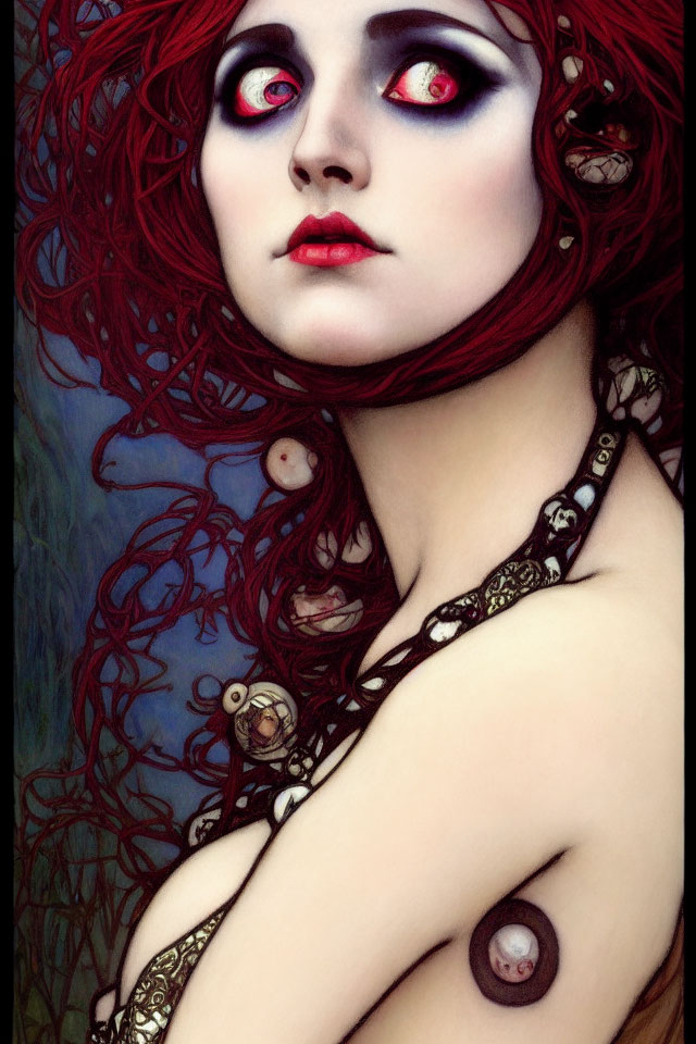 Stylized portrait of woman with red hair, pale skin, colorful eyes, and snake accessory