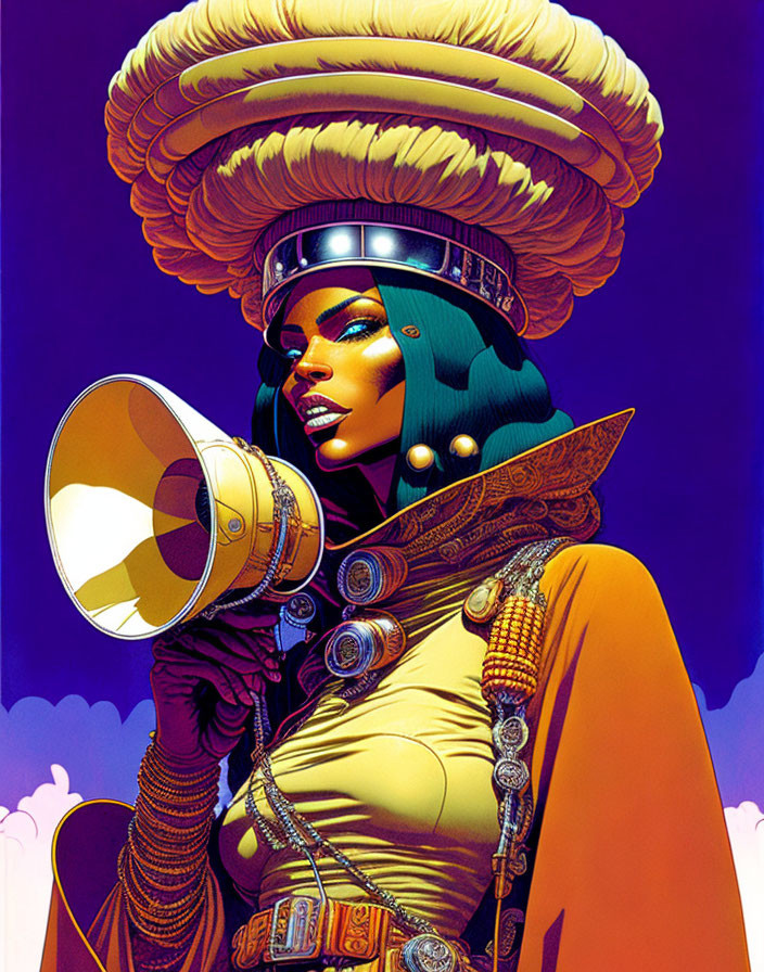 Colorful illustration: Woman with futuristic attire and megaphone on purple backdrop