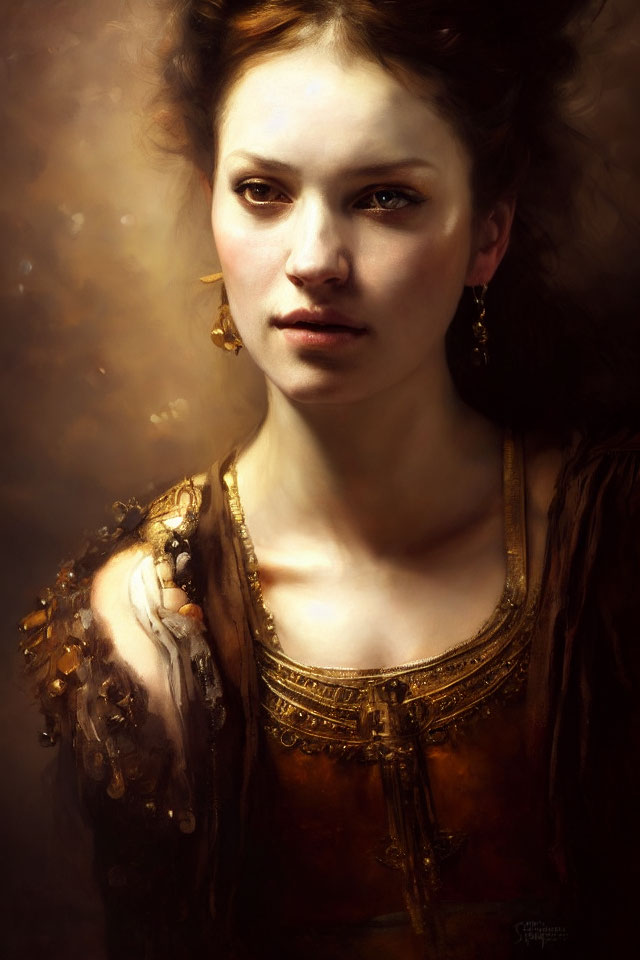 Portrait of a contemplative woman in golden earrings and intricate brown dress