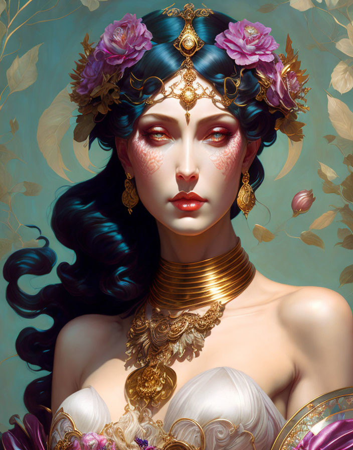 Fantasy portrait of woman with gold jewelry and floral headdress