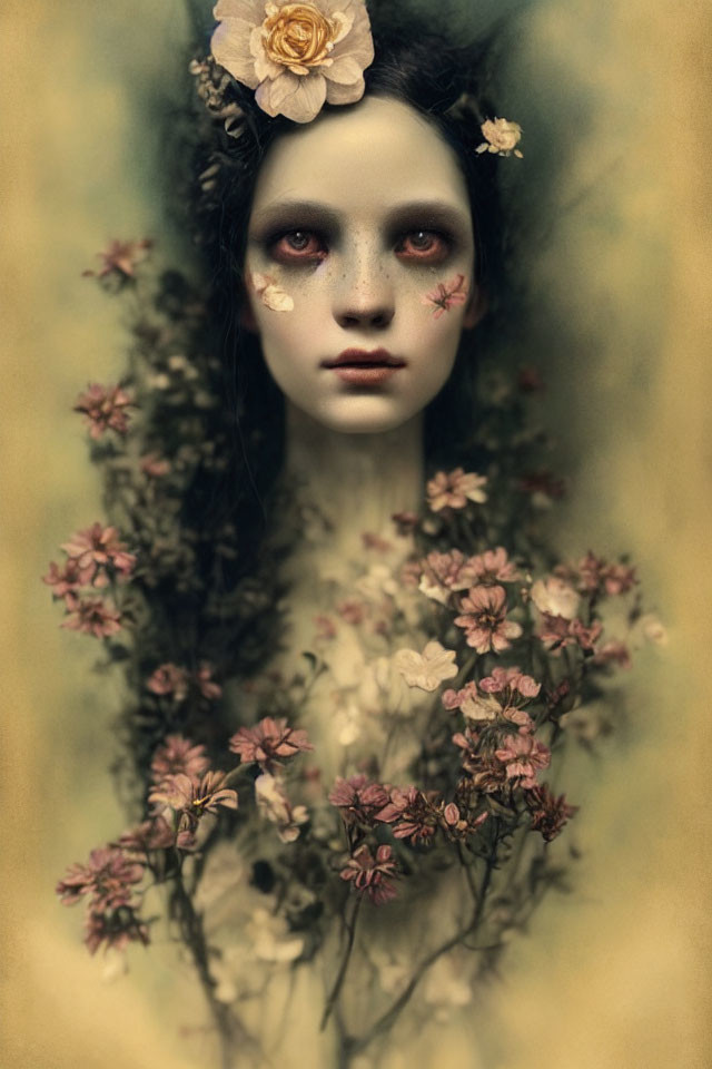 Portrait of person with pale skin and dark hair adorned with flowers, exuding mystical vibe