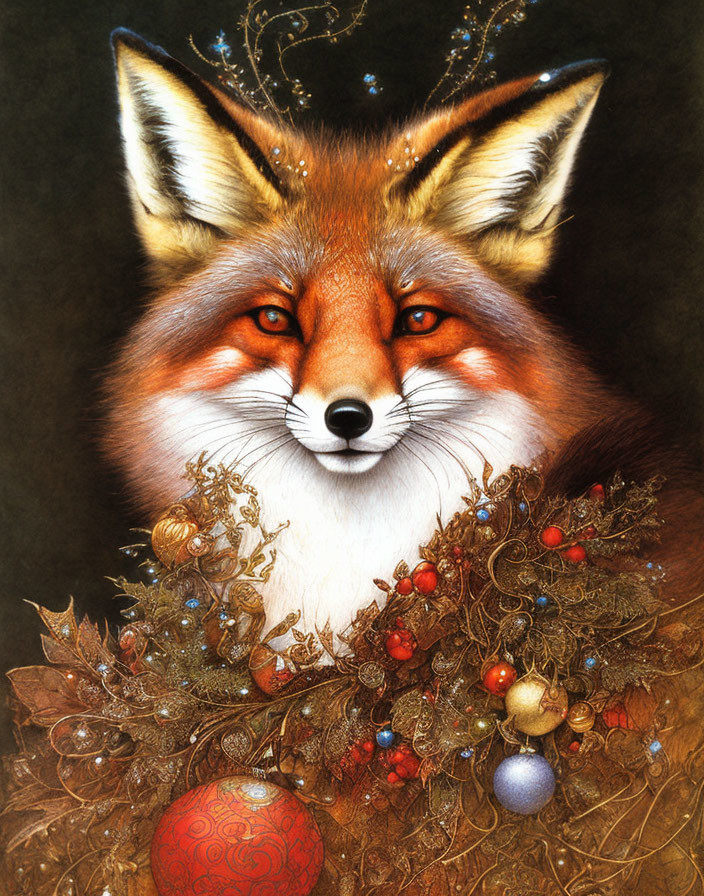 Detailed Fox Face Illustration with Festive Wreath