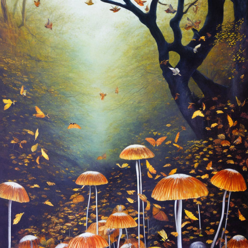 Enchanting forest scene with oversized mushrooms and falling leaves