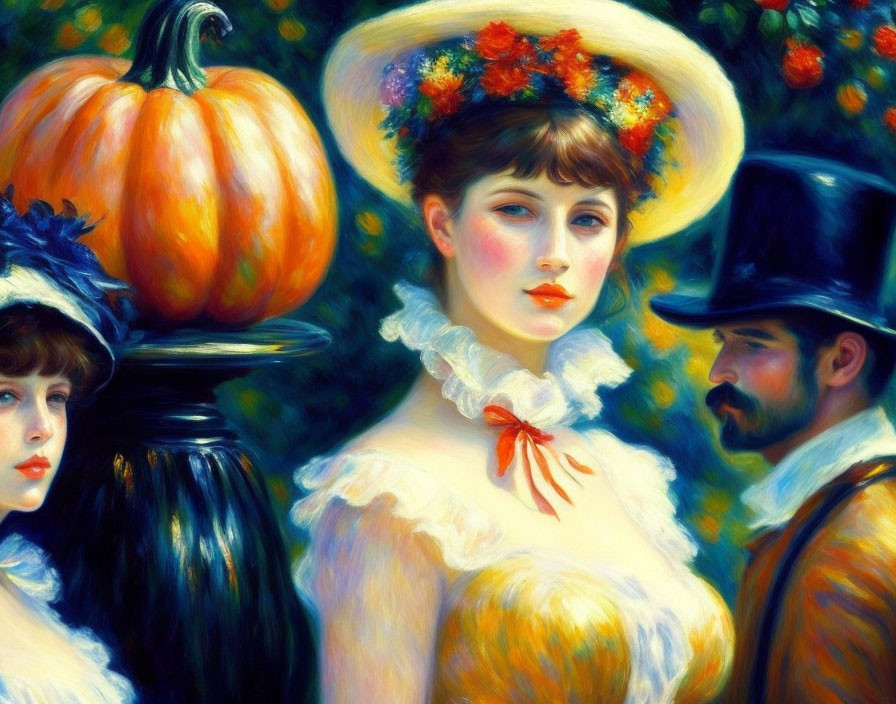 Vintage-themed painting of two women and a man with pumpkin in autumn setting