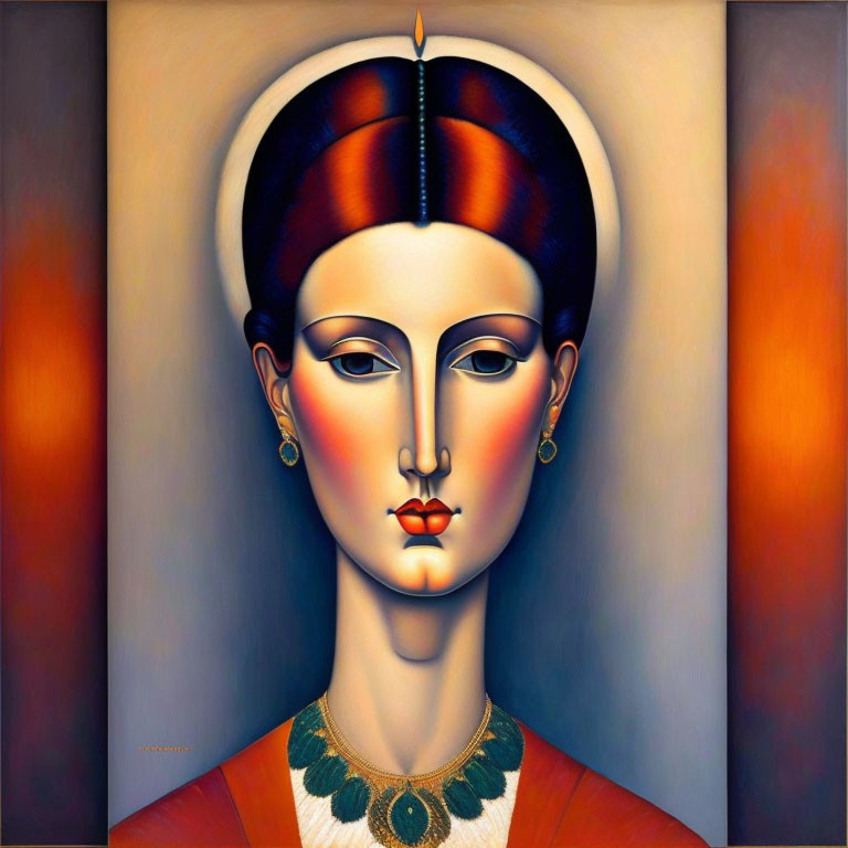 Symmetrical face portrait with elaborate headdress in warm tones