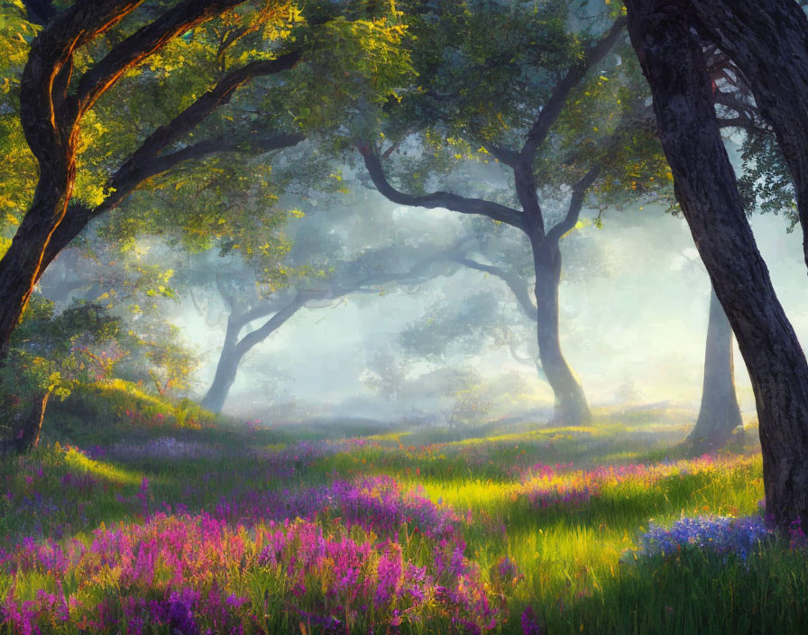 Sunlight through mist among twisted trees and colorful wildflowers