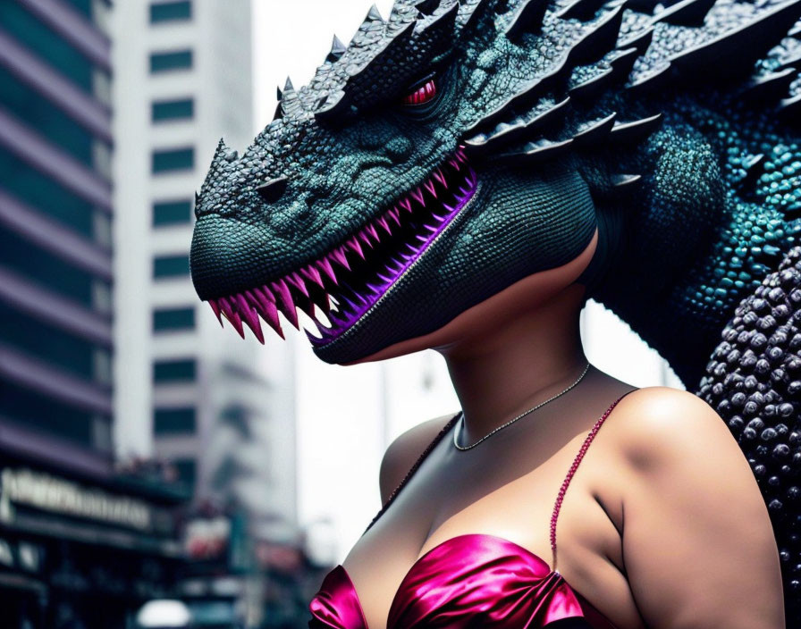 Pink Dress Figure with Menacing Dragon Head in Urban Setting