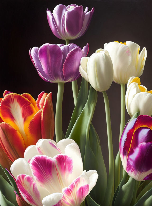 Colorful Tulip Bouquet Against Dark Background