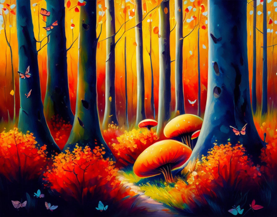 Colorful forest scene with red-orange foliage, large mushrooms, and butterflies at sunset