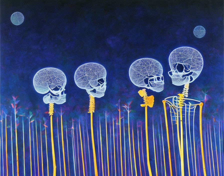 Stylized skulls with intricate brain details above colorful plant stalks on dark blue background