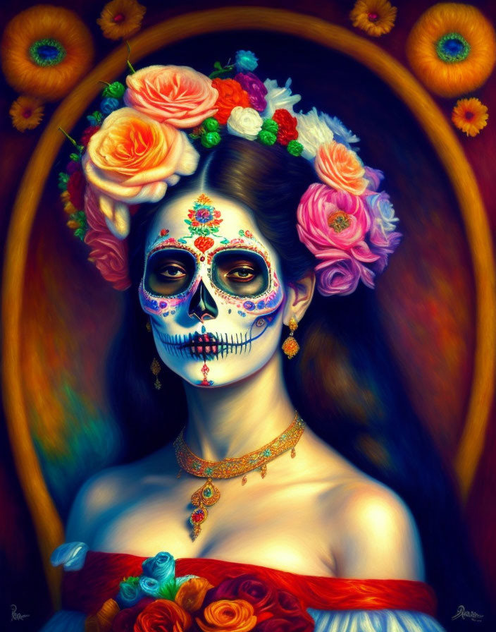 Female figure with Dia de los Muertos sugar skull makeup and floral crown.