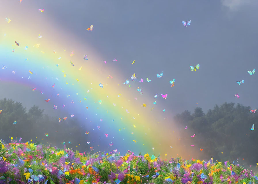 Colorful rainbow over misty field with butterflies and flowers