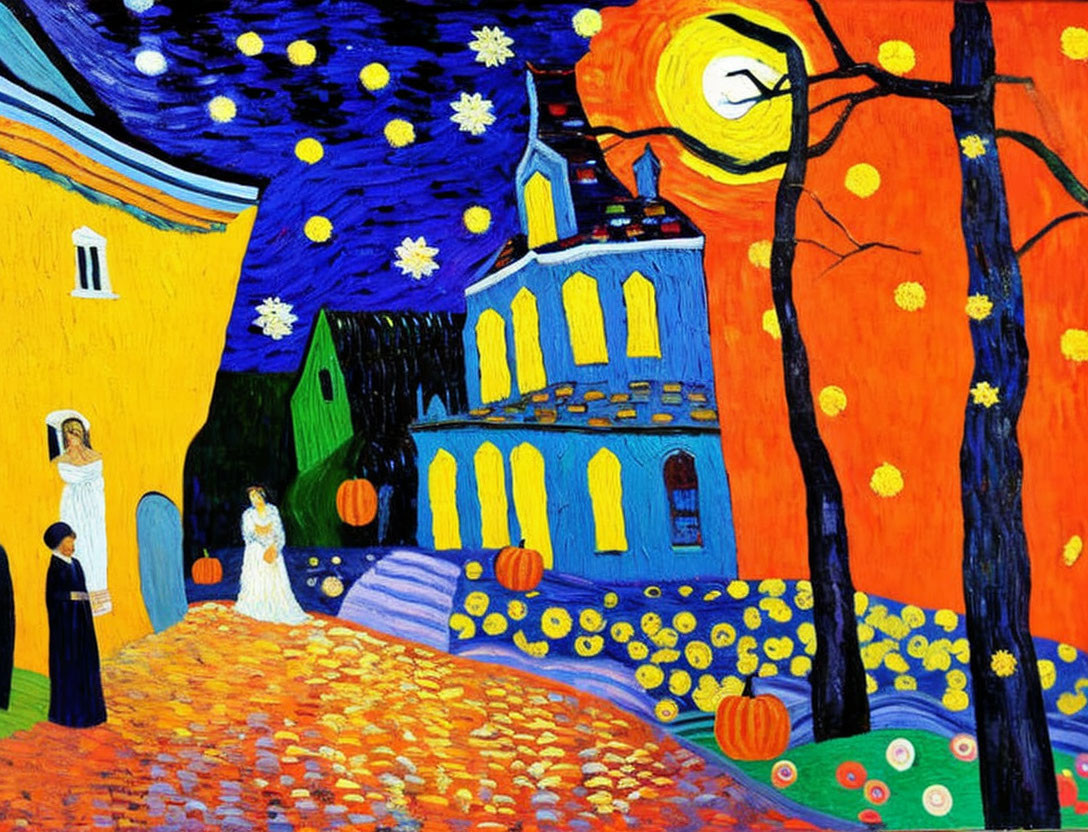 Vibrant Starry Night Painting Over Village with Bright Houses