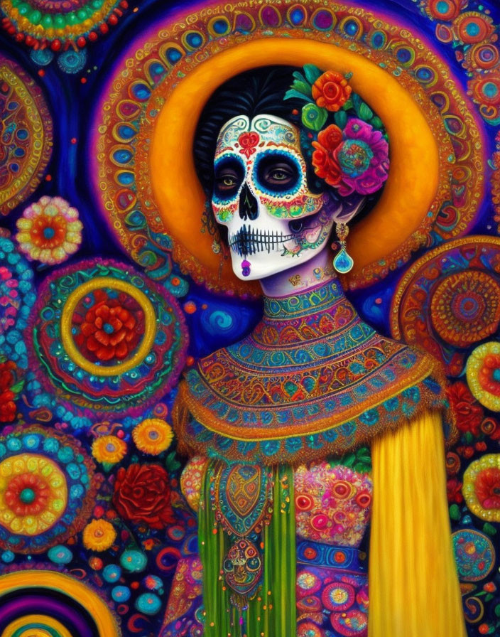 Vibrant artwork: Figure with Day of the Dead skull makeup, floral decorations, intricate patterns,