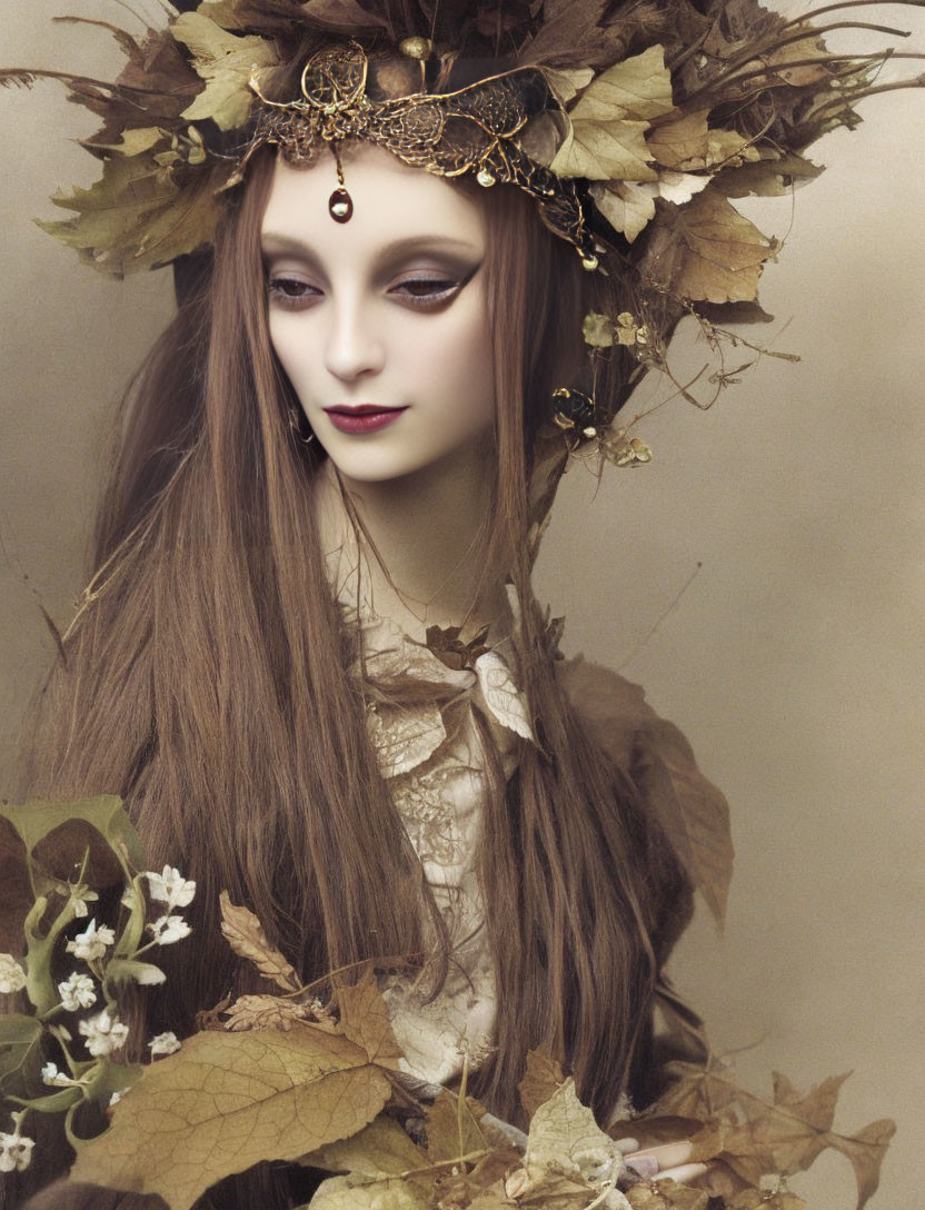 Woman with autumn leaf crown and makeup in gentle gaze against earth tone backdrop