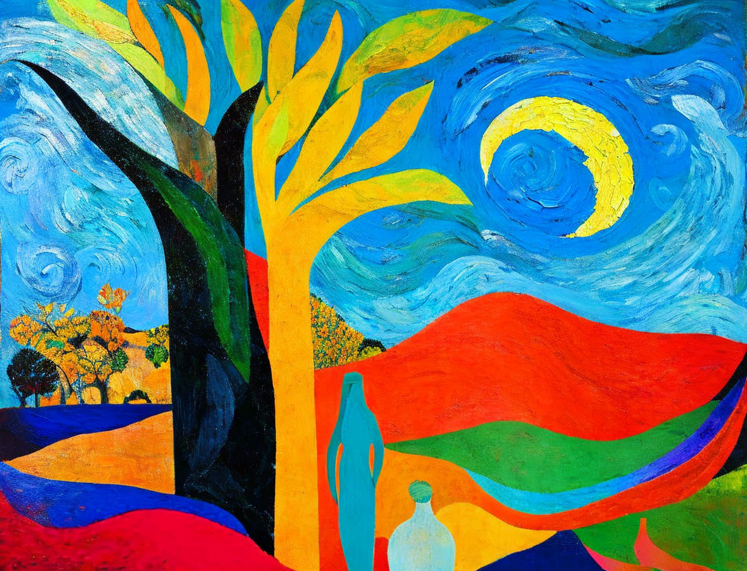 Colorful expressionistic painting: swirling trees, yellow sun, figure with jug on red path