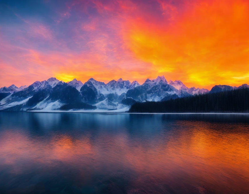 Scenic sunset with orange clouds over snow-capped mountains reflected in lake