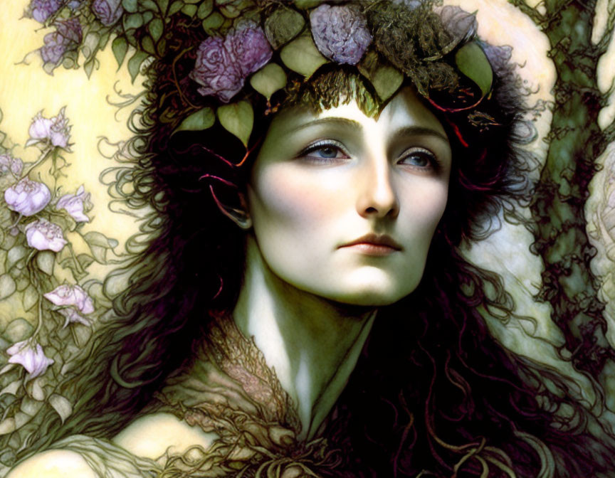 Illustrated woman with floral crown in Art Nouveau style