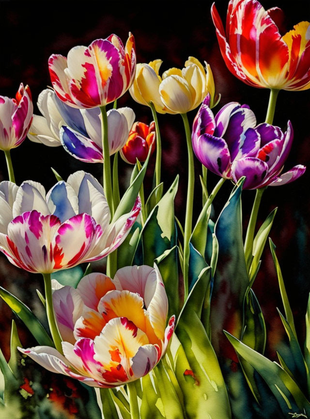 Multicolored Tulips in Red, Yellow, Purple, and White on Dark Background