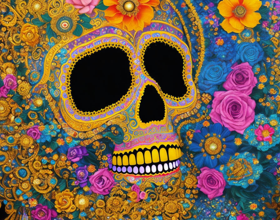 Colorful Day of the Dead skull with floral patterns