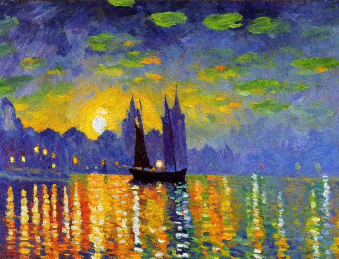 Moonlit Boat Painting with Two Sails on Shimmering Water