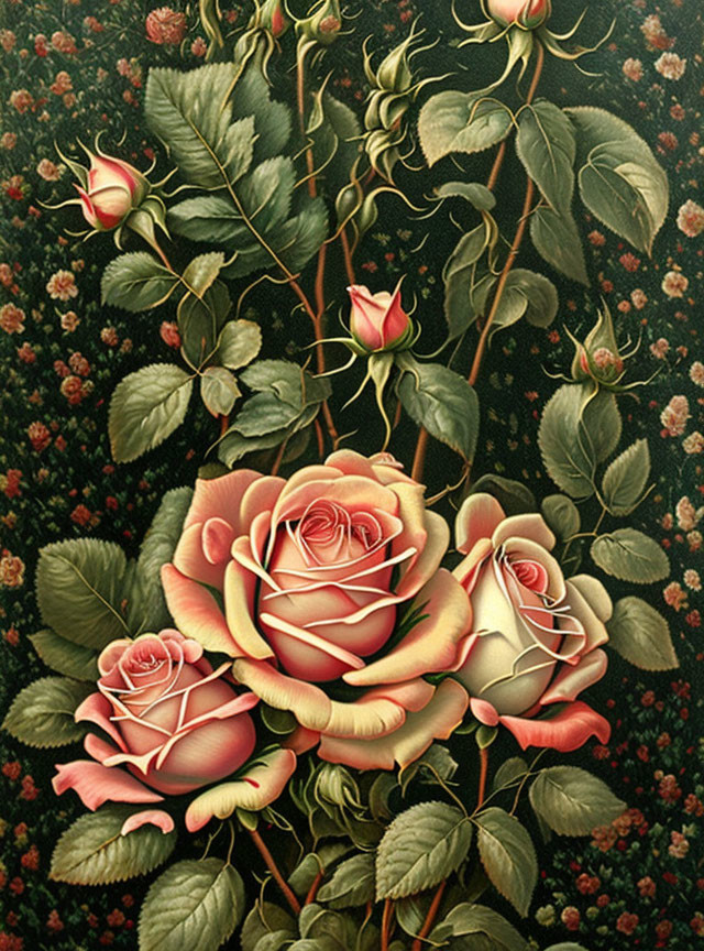 Detailed Painting of Pink Roses on Dark Background