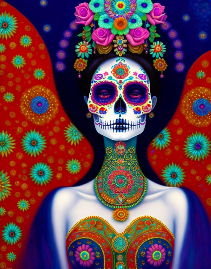 Colorful Skeleton Artwork with Day of the Dead Makeup on Blue Background