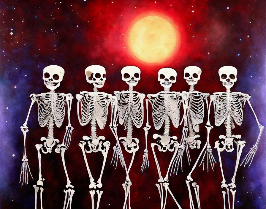 Illustrated skeletons in cosmic setting with central glowing orb