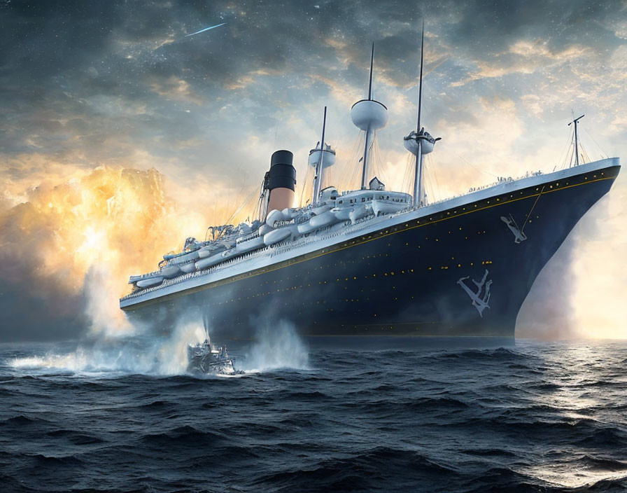 Vintage ocean liner sailing on turbulent seas under dramatic sky with shooting stars.