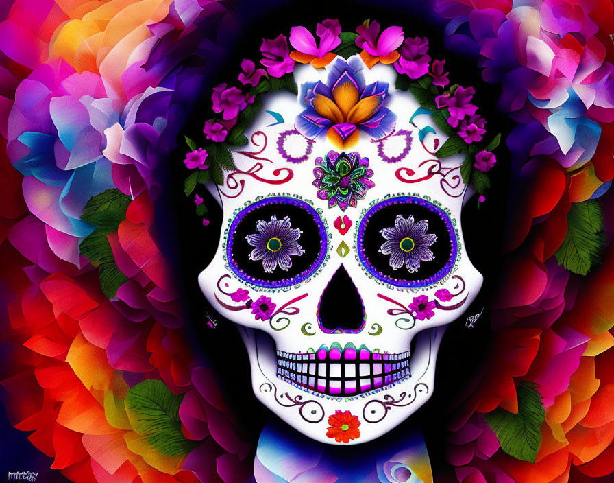 Colorful Day of the Dead sugar skull with floral patterns on dark background