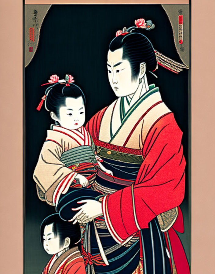 Japanese Artwork: Adult and Two Children in Kimonos, Red, Black, and White Colors