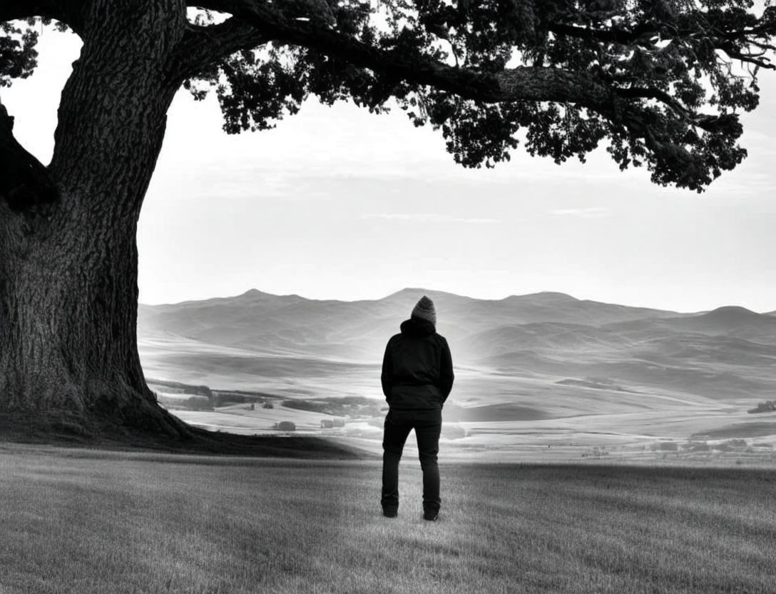 Person in jacket and beanie under tree looking at rolling hills