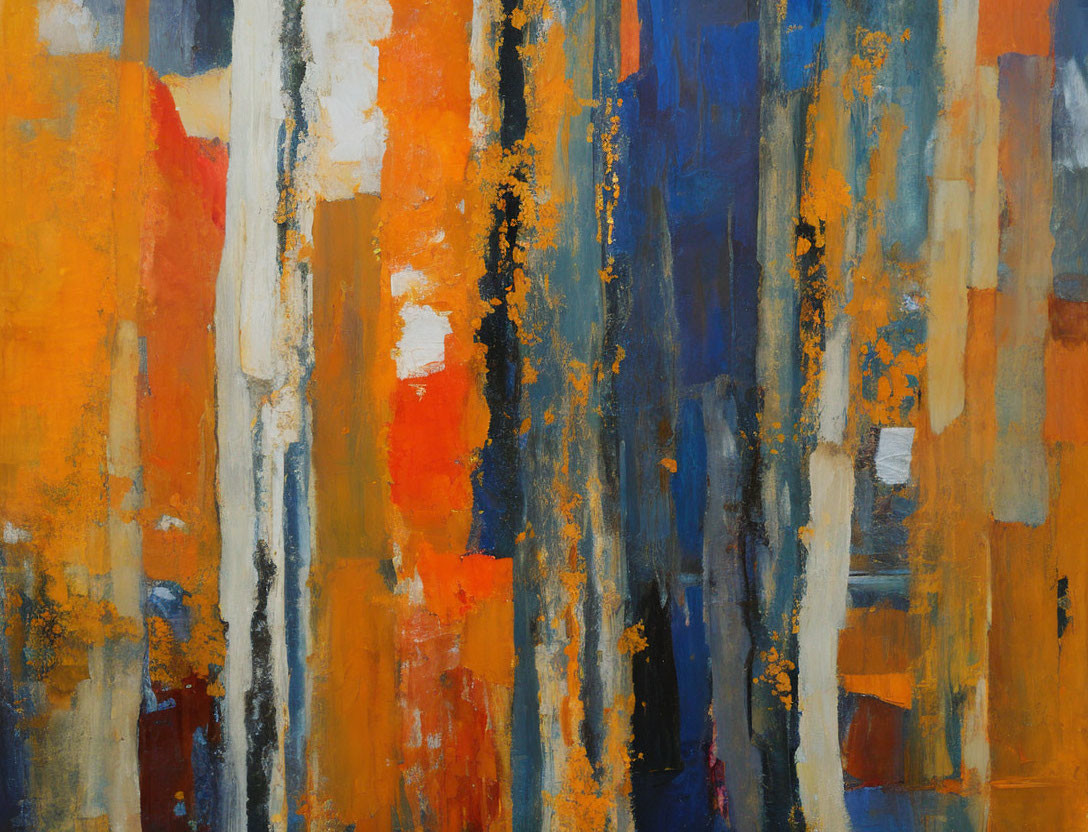 Colorful Abstract Painting with Vertical Streaks in Orange, Blue, and Yellow