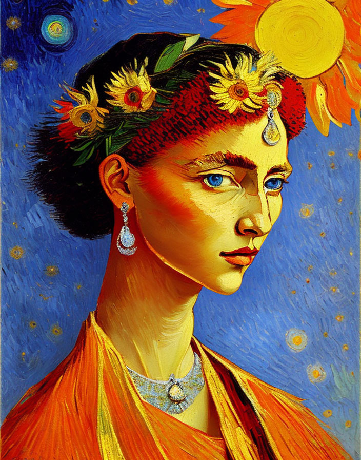 Portrait of woman with blue eyes in floral headpiece and orange garment against starry background and sun