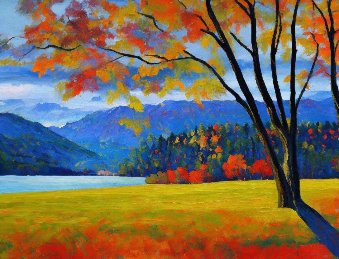 Colorful autumn landscape painting: vivid sky, red and orange trees, serene lake.