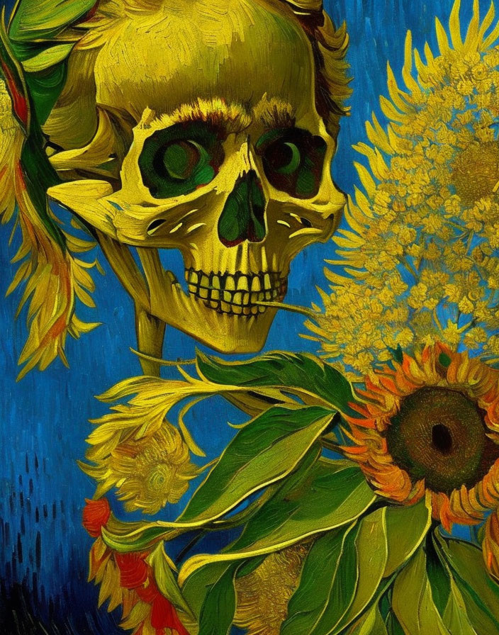 Colorful Skeleton with Sunflower Motif on Blue Background