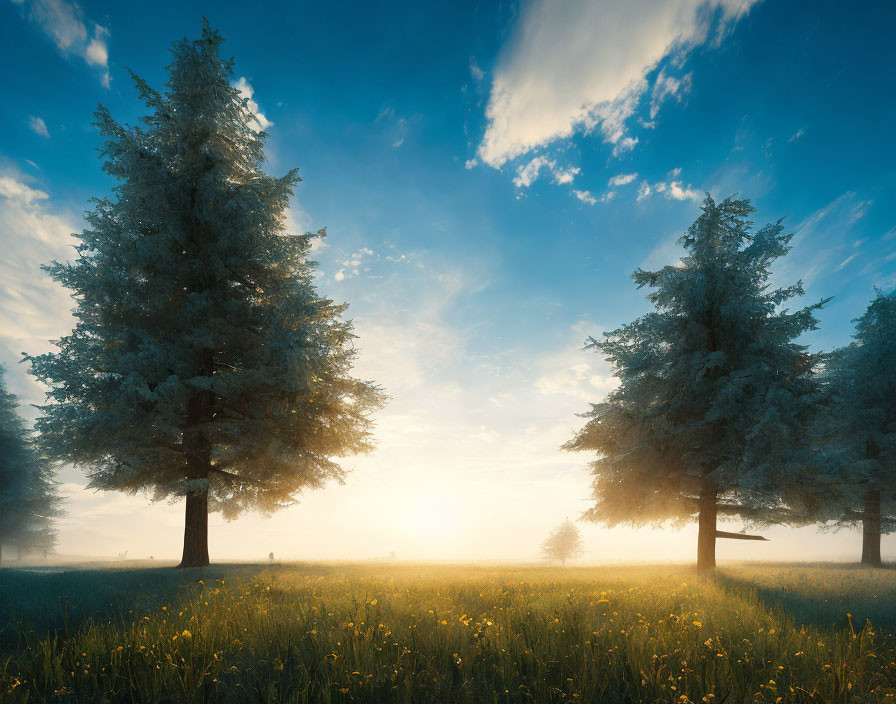 Tranquil sunrise scene with mist, trees, and yellow flowers