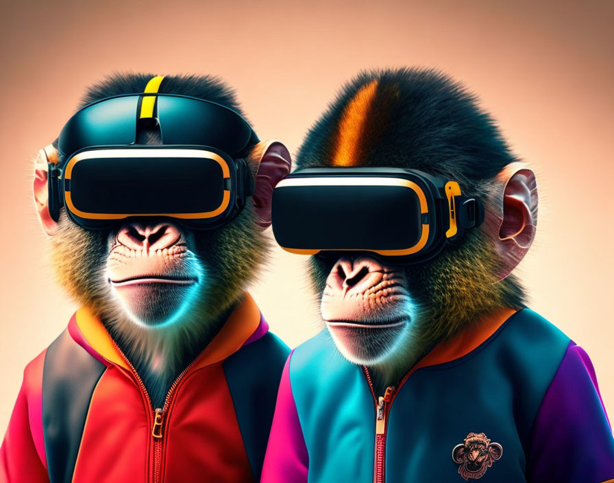 Colorful VR Monkeys in Jackets on Orange Background