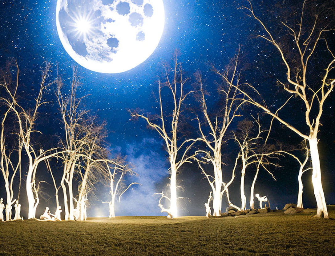 Moonlit surreal scene: bare trees, bright moon, silhouetted figures.