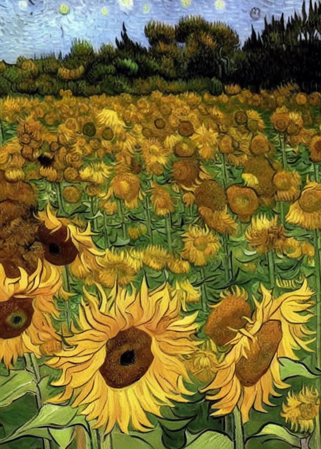 Sunflower Field Painting: Van Gogh-Inspired Starry Sky and Swirling Yellows