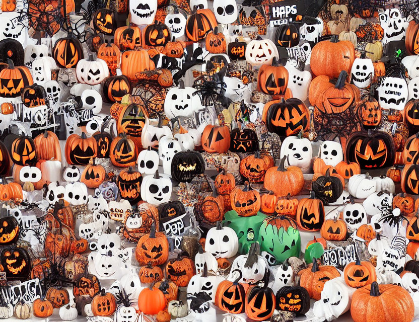 Assorted Halloween Decorations with Carved Pumpkins and Skeleton Figures