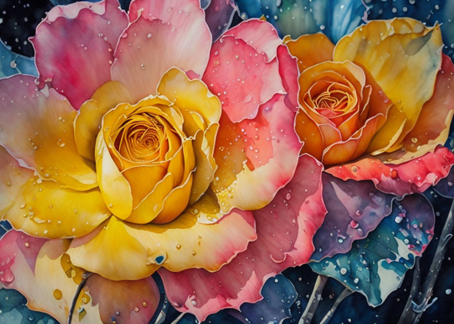 Colorful Watercolor Painting of Pink and Yellow Roses with Realistic Water Droplets