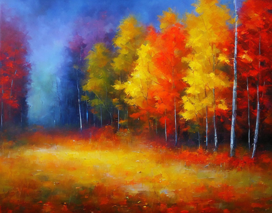 Colorful autumn forest painting with red, orange, and yellow leaves, misty backdrop, and vibrant