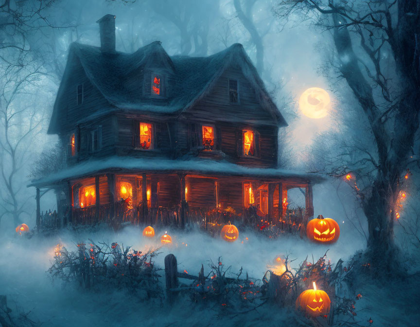 Spooky two-story house with glowing pumpkin decorations on misty night