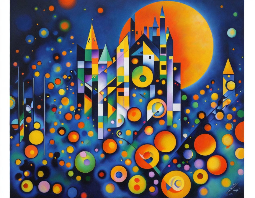 Vibrant Abstract Artwork: Geometric Castle with Circles and Moon