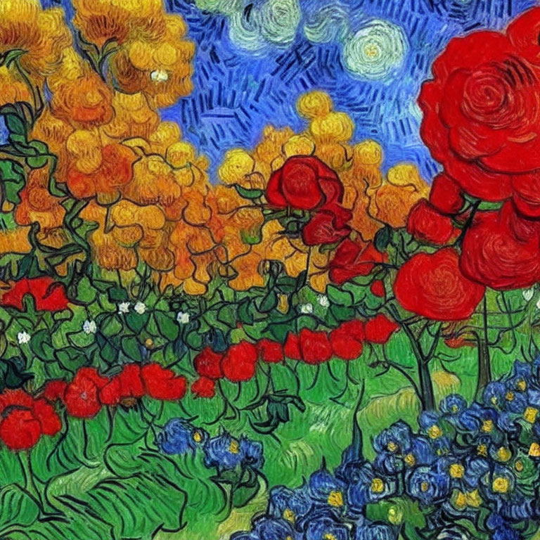 Colorful Garden Painting with Red, Blue, and Yellow Flowers