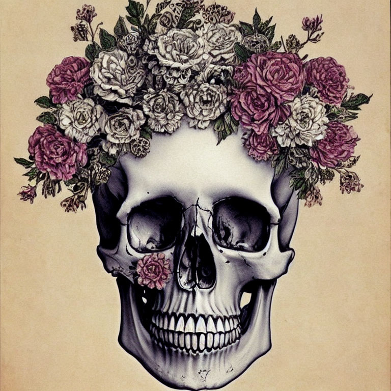 Illustrated human skull with pink and white rose crown on beige background