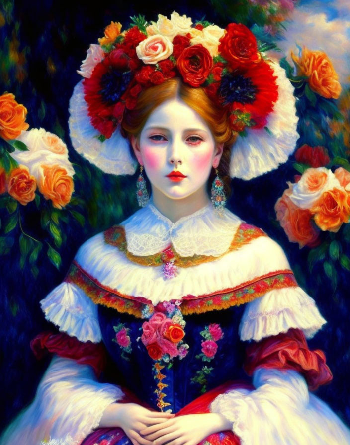 Portrait of woman in traditional dress with floral hat and rose.